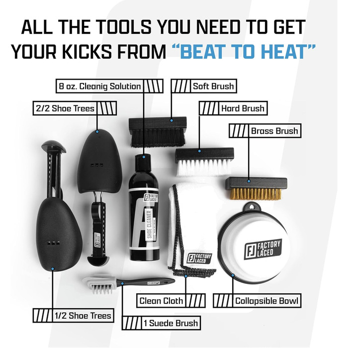 FACTORY LACED Shoe Cleaner Sneaker Kit - The ultimate sneaker cleaning experience including 240ml shoe cleaner, 4 shoe brushes, 2 shoe shapers, and a microfiber cleaning cloth