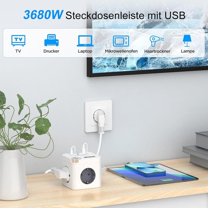 Мережевий концентратор з 4 USB-портами, настінний, 4 розетки, захист від перенапруги, 2 USB-C розетки, вимикач, 4000W, 16A, білий