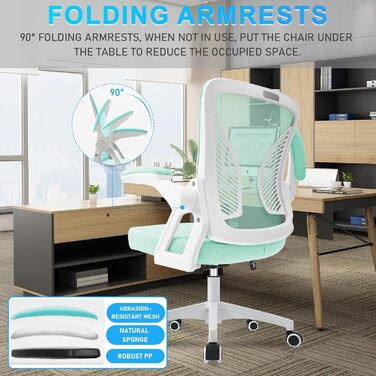 Офісний стілець з регульованими підлокітниками, ергономічний, з сітчастою спинкою, підтримкою попереку, регульованою висотою, м'яким сидінням, поворотний на 360°, (зелений)