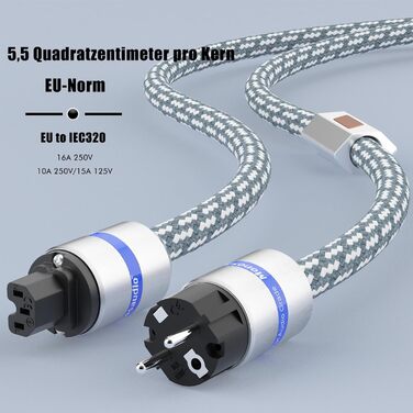 Hi-End мережевий кабель Monosaudio P083 1.5м, мідний екранований OFC Audiophil, 2-полюсний шнур живлення Schuko-IEC C15 для підсилювача, DVD, сабвуфера та декодера