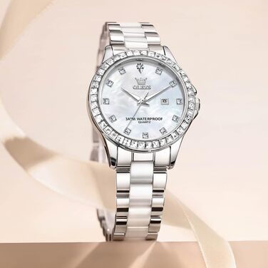 Годинник жіночий OLEVS з діамантами, елегантний, дорогий, на браслеті з рожевого золота, з керамічним склом (3651 Silver)