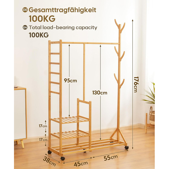 Yorbay Bamboo Clothes Rack with Wheels, with Clothes Rail, 3 Shelves and 6 Hooks, Tree Shape, 100 x 38 x 176 cm (Natural)
