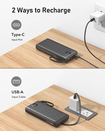 Power Bank 10000mAh з LED дисплеєм та інтегрованими кабелями. Сумісний з iPhone, iPad, Samsung, Xiaomi, Google Pixel. Чорний