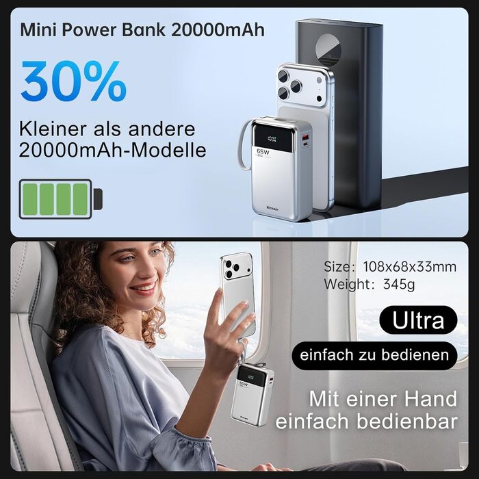 Power Bank Hichain 65W 20000mAh USB-C з кабелем, LED-дисплей, сріблястий - для MacBook, iPhone, Samsung, iPad