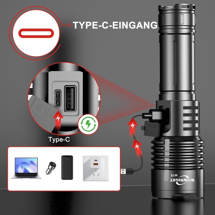 LED ліхтарик на акумуляторі 500000 люмен, 2 режими, USB-C, тактичний, потужний, регулювання яскравості, налобний, для активного відпочинку та надзвичайних ситуацій, Obsidianschwarz