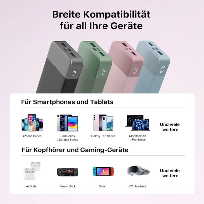 Power Bank NOBIS 20000mAh 65W USB-C/USB-A, швидка зарядка PD/QC, дисплей - Рожевий