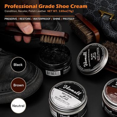 Shoe Polish Set 16-Piece, Premium Deluxe Shoe Cream Kit - 2.65 oz black, brown, and neutral shoe cream with brushes, polishing cloth, and more - Perfect gift for leather shoes and boot care set