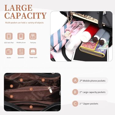 Сумка жіноча DIRRONA велика – сумка через плече та шопер з квітковою вишивкою та помпонами, чорна. Для роботи, відпочинку, подорожей, вечірок та весіль