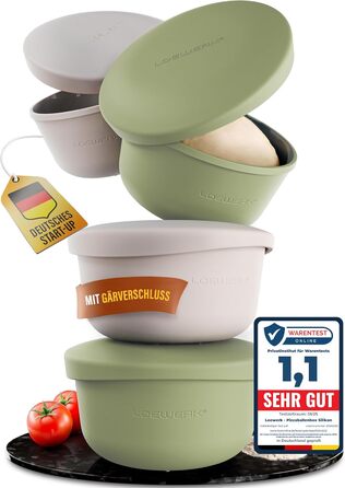LOEWERK Pizza Ball Box with Lid – 4-Piece Set – Breathable Dough Box for Perfect Pizza Dough - Space-Saving Silicone Pizza Dough Box with Lid, Pizza Box, Pizza Ball Box, Proofing Box – Olive/Gray