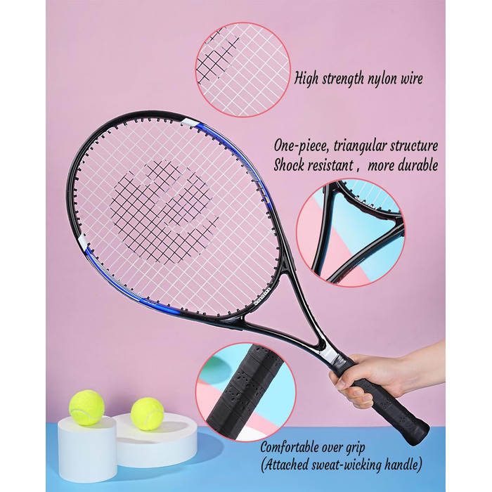 Senston Adult Tennis Racket Set - 2 Rackets, 3 Balls, 2 Grips, Vibration Dampeners (Red & Blue)