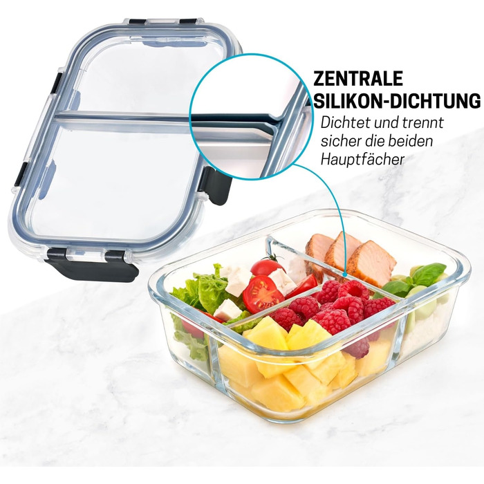 Набір контейнерів для їжі Igluu Meal Prep (3 шт.) – 980 мл, з 3 відділеннями, з боросилікатного скла, BPA-free, підходить для мікрохвильовки, духовки, морозильної камери та мийки посуду, витікання неможливе