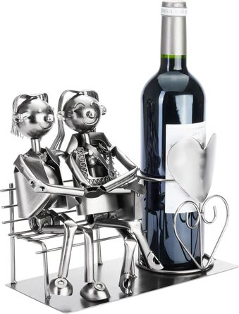 BRUBAKER Bottle Holder Men Loving Couple on Bench - Wine Bottle Holder Silver - Metal Bottle Stand Love - Metal Sculpture Gift for Married Couples with Gift Card (Woman + Man)