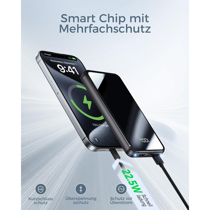 Портативний акумулятор Power Bank 26800mAh з LED дисплеєм, швидкою зарядкою 22.5W USB-C PD3.0 & QC4.0, чорний. Сумісний з iPhone 16 Pro Max, Galaxy S25 Edge/S24, планшетами