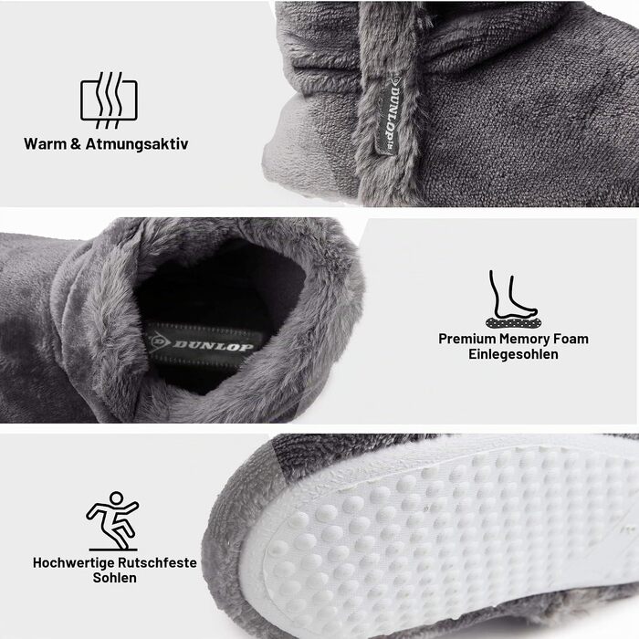 Жіночі зимові капці-чоботики DUNLOP з ефектом пам'яті Memory Foam, теплі плюшеві домашні тапочки протиковзні, темно-сірі (розмір 40 EU)