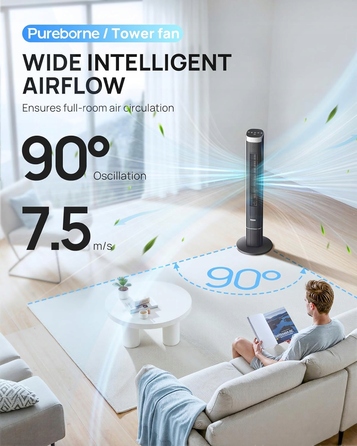 Безшумний вежаний вентилятор Pureborne 102 см, поворотний на 90°, з пультом та підтримкою додатка