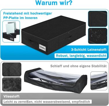 Коробки для зберігання під ліжко з кришкою, 12 см, 2 шт., складні, для одягу та ковдр, чорні