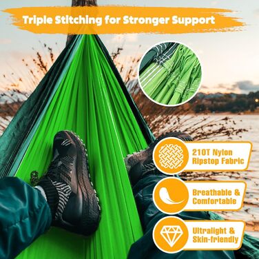 Гаммак для кемпінгу NATUREFUN Ultraleicht | 300 кг, 300x200 см, дихаючий, швидковисихаючий, нейлон | 2 карабіни, 2 петлі | Зелений, для відпочинку на природі