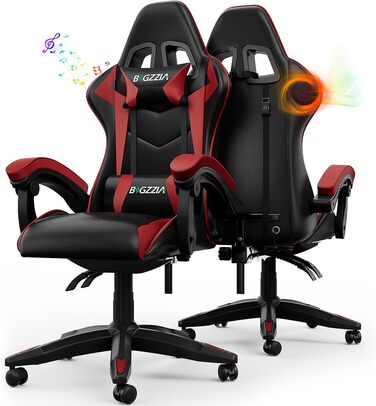 Геймерське крісло Racingreat LED RGB з підсвіткою, підголівником та підтримкою попереку, для дітей та дорослих (чорно-червоне, з динаміками)