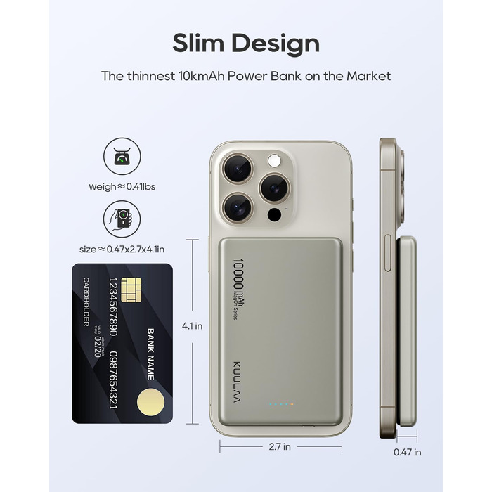 Power Bank Kuulaa MagSafe 10000 mAh, 20W, Тонкий, Магнітний, для iPhone, Space Grey (Natural Titanium)