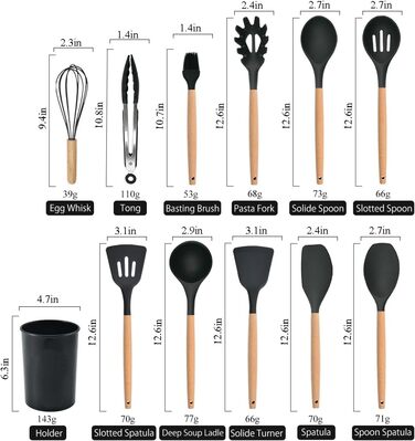 Набір кухонних аксесуарів 12 шт. з силікону з дерев'яними ручками, термостійкий антипригарний набір посуду: щипці, лопатки, ложки. Бежевий колір