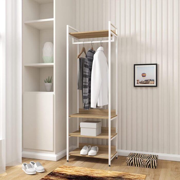 WOLTU Clothes Rack with Shelf, Open Wardrobe with Shoe Shelf, Coat Rack for Bedroom, Wood and Steel