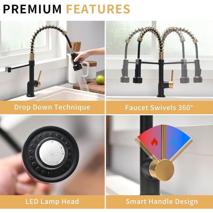 Кухонний змішувач AIMADI висувний, високого тиску, з 2 режимами (струмінь та розпилення), поворотний на 360°, однорегуляторний для кухонної мийки (з LED-підсвіткою, золотий)