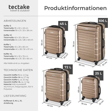 Набір валіз Tectake® 4 шт. з TSA замком, жорсткий корпус, набір валіз-роликів, ABS, 4 колеса, поворот на 360°, телескопічна ручка - зелений (шампань)