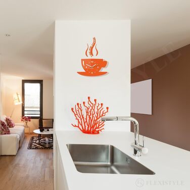 FLEXISTYLE Coffee Time Mug Wall Clock for Modern Kitchen, 3D Roman Numerals, Wall Clock Decoration, 32 x 19 cm (32 x 19 cm, Orange)