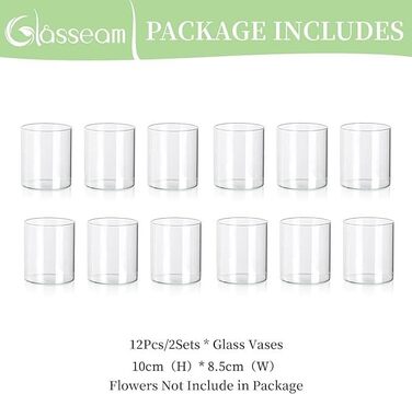 Скляна циліндрична ваза Glasseam для декору столу, прозора, сучасна, комплект 12 шт, 10×8,5 см, вази для квітів, свічники, для вітальні та весільного оформлення