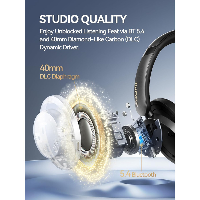 1MORE Sonoflow Pro Бездротові навушники Bluetooth з активним шумопоглинанням, Over-Ear, LDAC, Hi-Res звук, Bluetooth 5.4, 100 годин, зручні, кристально чисті дзвінки (Чорний)