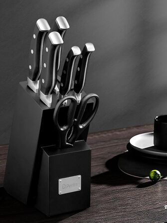 D.Perlla Self-Sharpening Knife Block Set - 7 Piece Stainless Steel Knife Set with Plastic Handle & Wooden Block - Professional Kitchen Knife Set, Black