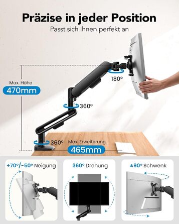 Кронштейн для монітора HUANUO NITROGLIDE™ для екранів 13-40 дюймів, настільний підвіс до 12 кг, регулювання висоти, нахилу та повороту, VESA 75x75/100x100 мм, для геймінгу та офісу