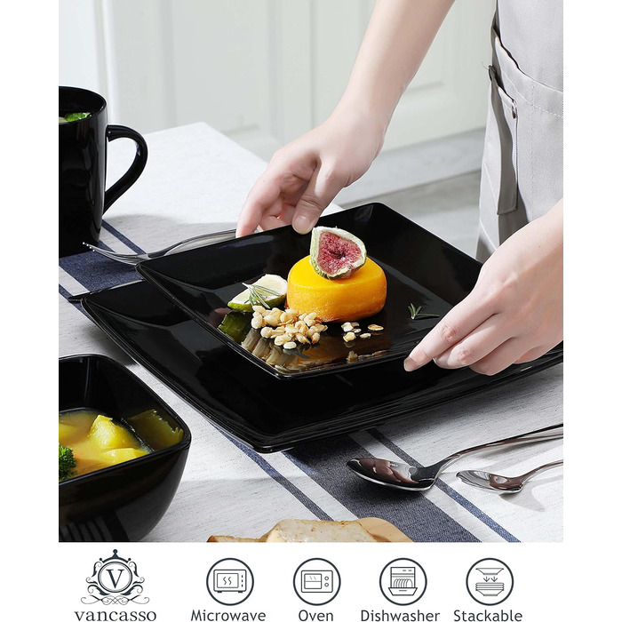 Vancasso Tableware Stoneware, 16-piece SOHO square dish set for 4 people, combination tableware set, square