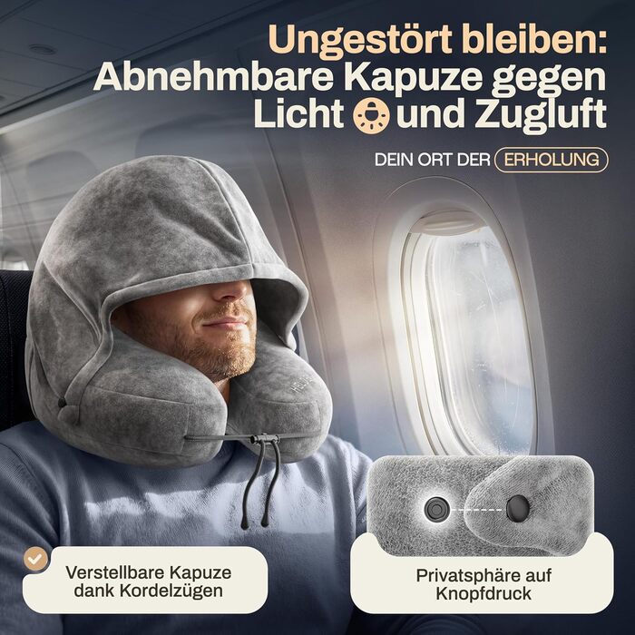 Подушка для шиї HELDENWERK® Air: 5 положень, регульований тиск, знімний капюшон | Подушка для подорожей на літаку/автомобілі, м'яка, сірого кольору, велика