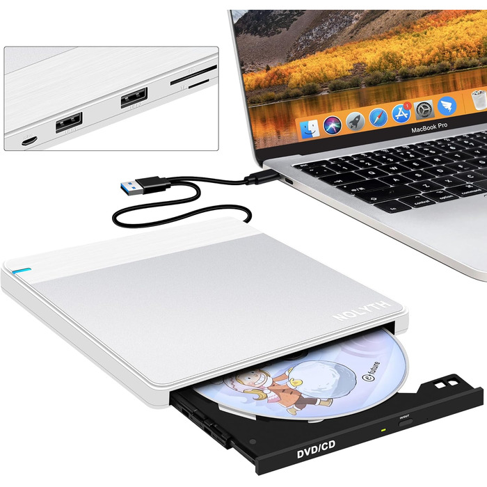 Зовнішній DVD-накопичувач для ноутбука Ultra Slim: портативний CD/DVD привід USB з картридером SD/TF для Mac, MacBook, Windows