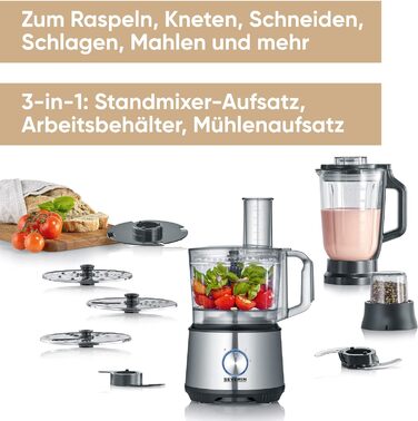 SEVERIN Multifunctional Food Processor for kneading, mixing, grating, shredding, grinding, and more. Food processor with extensive accessories, high-quality multi-grinder, KM 3892 Multifunction: kneading, mixing, grating, shredding, grinding, and more.