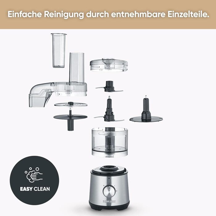 SEVERIN Compact Multi-Chopper, Universal Chopper for Coarse and Fine Chopping, Food Processor with Extensive Accessories, Brushed Stainless Steel / Black, KM 3865