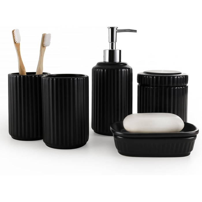 Набір для ванної кімнати NOVAJOY (5 шт.) з кераміки: органайзер, дозатор мила, мильниця, тримач для зубних щіток, контейнер для ватних паличок. Чорний колір.