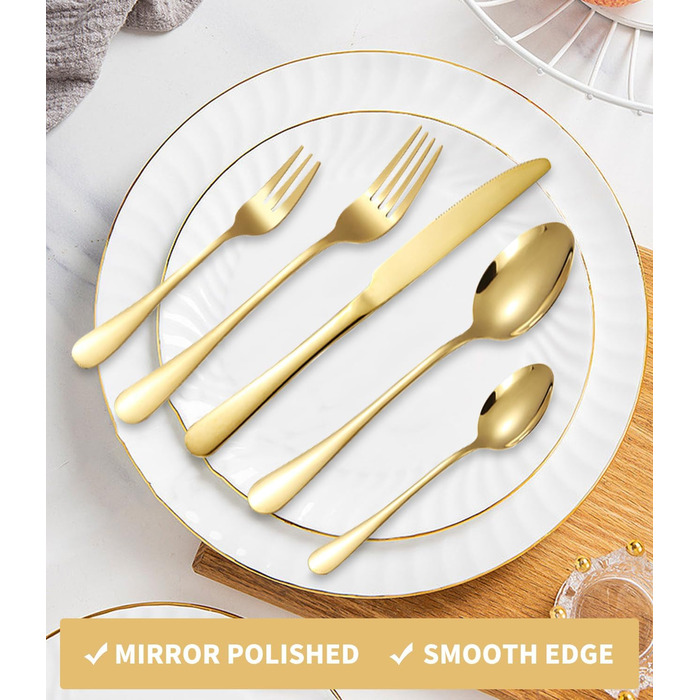 12-Person Cutlery Set, 60-Piece Gold Stainless Steel Cutlery Sets, Elegant Dinnerware Cutlery, High-Gloss Polished and Dishwasher Safe, with Knife, Fork, and Spoon, for Home, Party, Restaurant