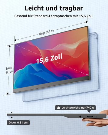 Портативний монітор Yodoit 15.6 дюймів: IPS дисплей FHD 1920x1080, USB-C та HDMI, вбудовані динаміки, захист зору для ПК, ноутбука, Xbox, PS3/4/5, Switch та TV. Чорний колір