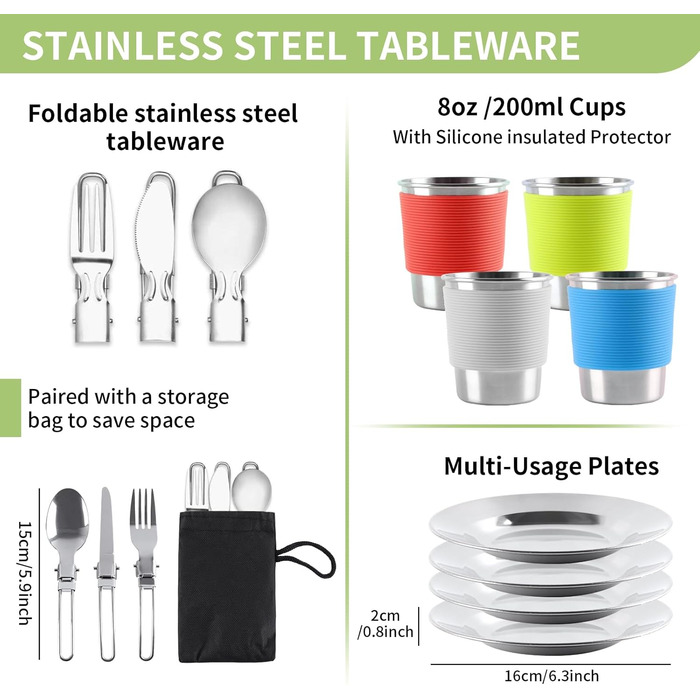 Набір кухонного посуду для кемпінгу на 4 особи з алюмінію: каструлі, сковорідки, посуд для відпочинку на природі