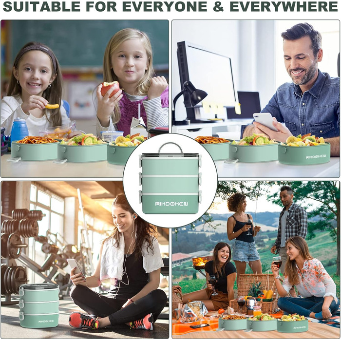 RIKDOKEN Ланчбокс 3-ярусний, 2.7л, з ложкою та виделкою, для дітей та дорослих, зелений
