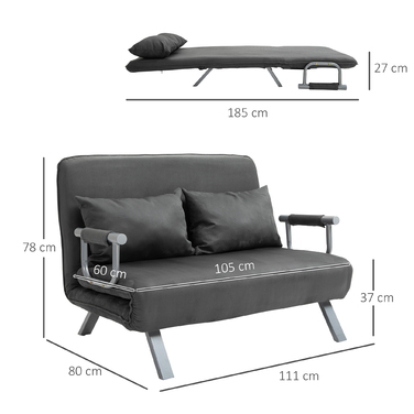 HOMCOM 2-Seater Sleeper Sofa with Armrest 65x69x80cm 3-in-1 Sleeper Chair, Guest Bed, Foldable Mattress, Faux Velvet, Gray | Aosom