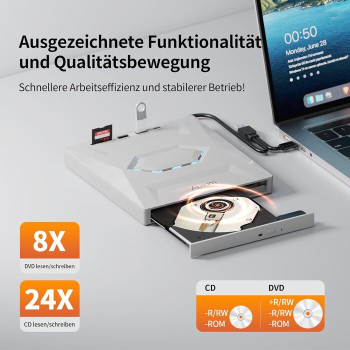 Зовнішній CD/DVD привід Alxum USB 3.0 з картридером SD/TF та додатковим USB-портом, білий