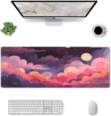 Килимок для миші Japanisches Mauspad, 90 x 40 см, стиль Аніме, дизайн Арт, великий ігровий килимок, для клавіатури та столу, антиковзаюча гумова основа, прошиті краї, для дому та офісу (X-Large, Рожевий, Фіолетовий, Хмара)