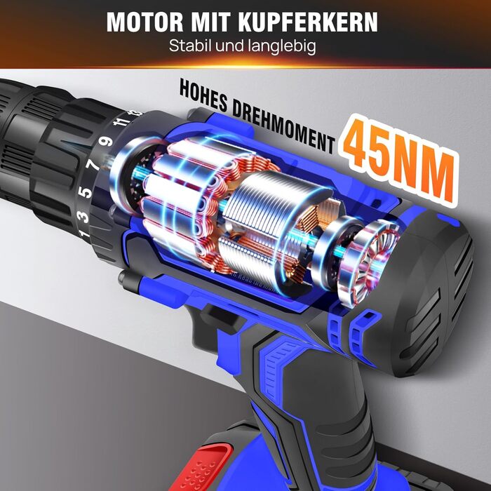 Акумуляторний шуруповерт 21V Set, білий: шуруповерт з акумулятором 1.5Ah, швидка зарядка, 45Nm, 25+1 ступінь, 2 швидкості, LED-ліхтар, набір з 26 аксесуарів для ремонту та DIY (шуруповерт + 2 акумулятори 1.5Ah (блакитні))