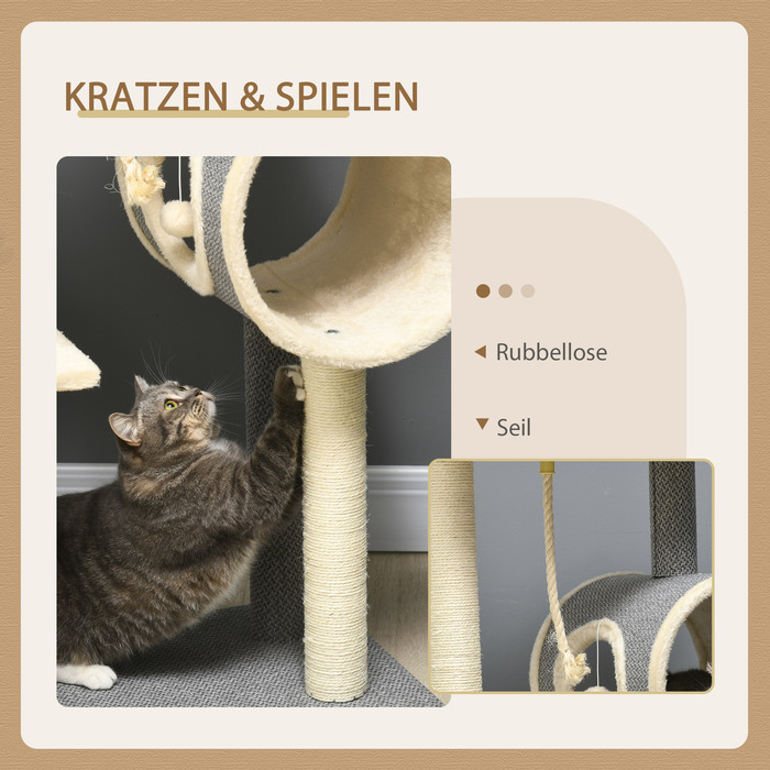 PawHut Драбина для котів 104 см, котячий комплекс з будиночком, котячий шкребок з іграшкою-м'ячиком, котячий комплекс з 2 лежаками, кігтеточка для котів вагою до 5 кг, котячі меблі, сизаль, сірий | Aosom