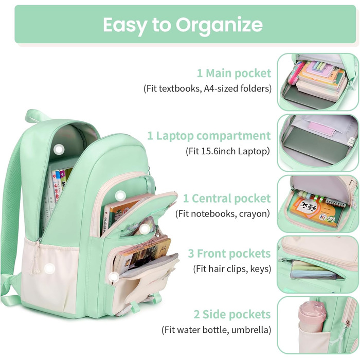 Шкільний рюкзак Tanou для дівчаток, підлітків, 3-7 клас, велика місткість, легкий нейлон, стильний, зелений