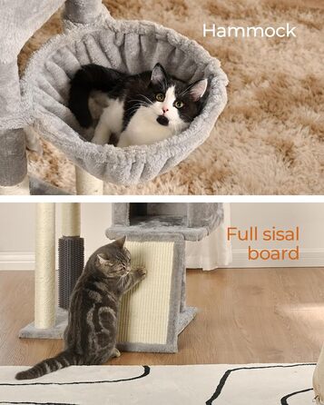 Кігтеточка для котів FourFurPets 156 см з драбиною з сизалю, 2 платформи, 2 печери, гамак, м'ячики (світло-сірий)