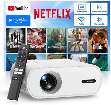 Smart Beamer з електричним фокусом та корекцією трапеції, 20000LM, 1080P Full HD, WiFi 6, Bluetooth 5.2, Mini проектор для домашнього кіно, сумісний з Netflix/YouTube/D+ (C10N)